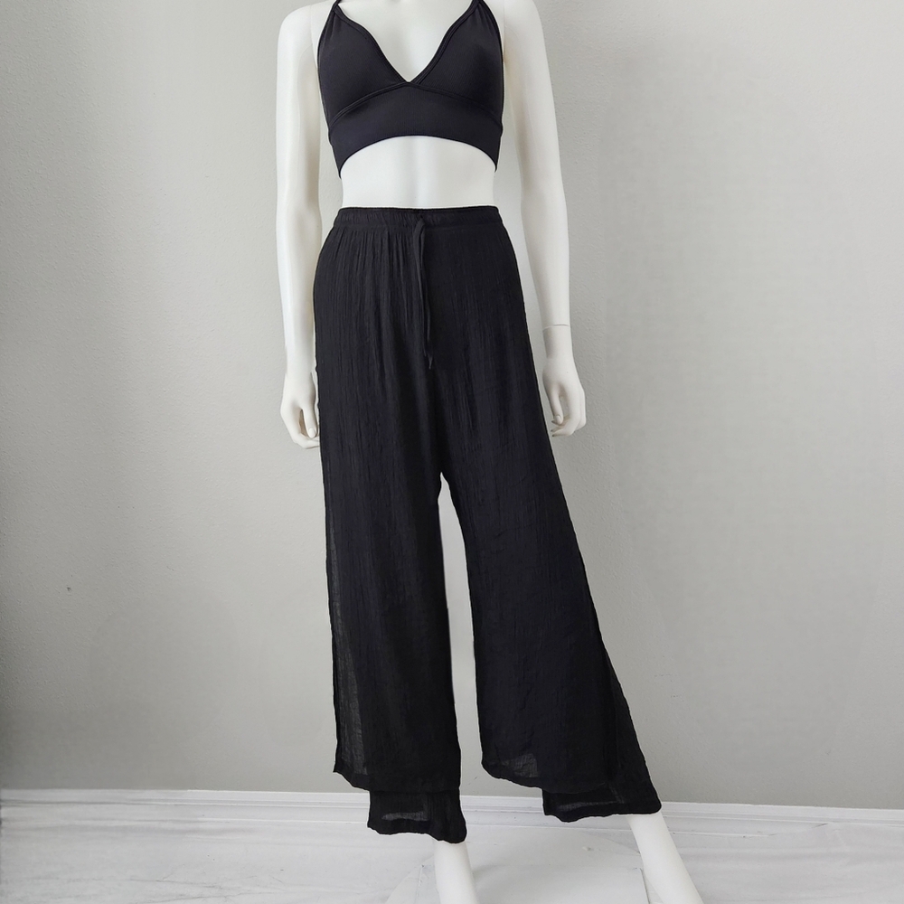 Whispers Black Gauzy Pull-On Double Leg Beach Pants With Drawstring, Size Large